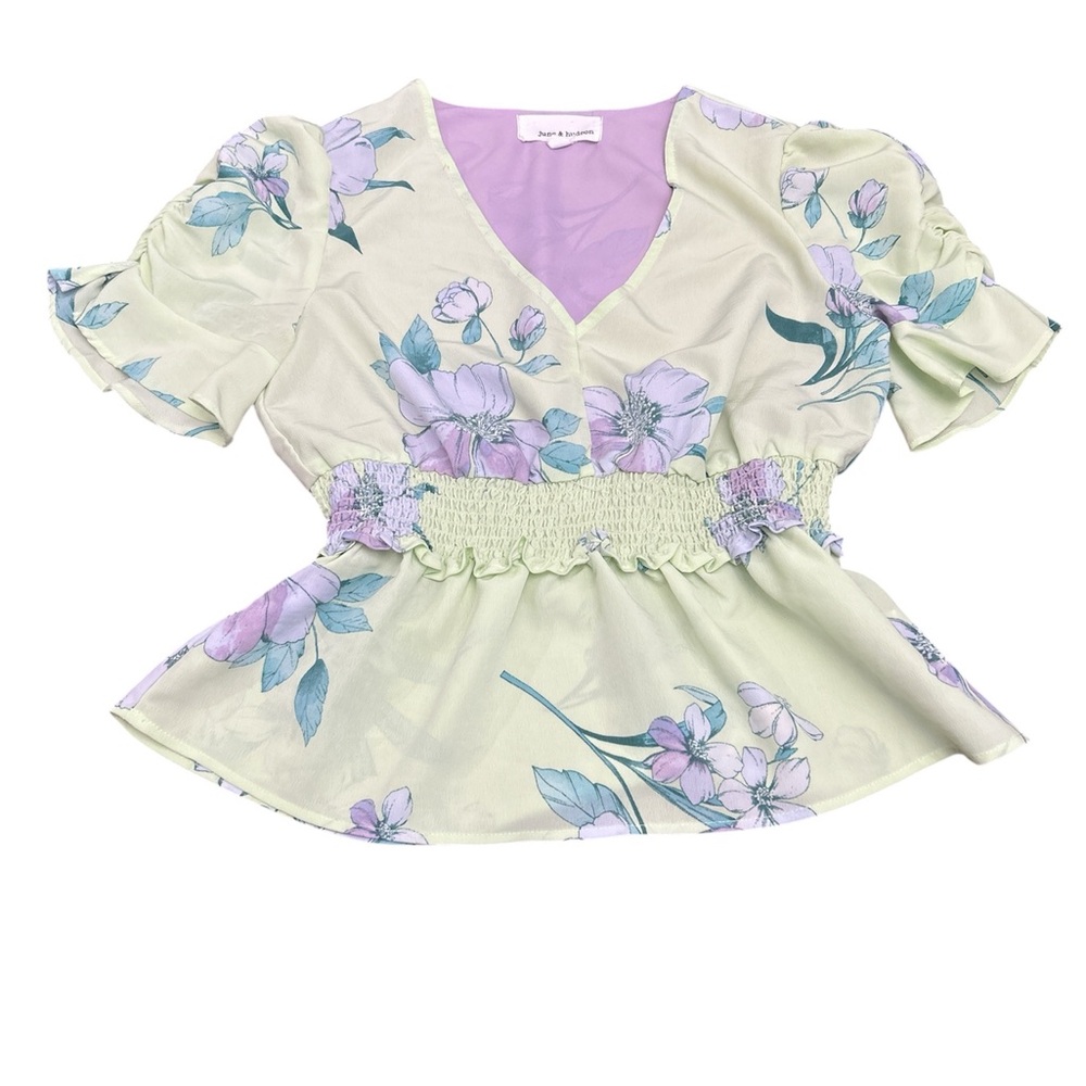June & Hudson Floral Puff Sleeve Blouse - Cream and Lavender